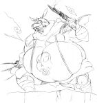 2018 anthro armor belly belly_tattoo big_belly bottomwear clothing cloud fangs gun headgear helmet hi_res holding_axe holding_gun holding_object holding_weapon illfang_the_kobold_lord knee_pads kobold loincloth male musclegut muscular muscular_arms obese obese_anthro obese_male overweight overweight_anthro overweight_male pose ranged_weapon reagan700 shoulder_plates sketch skull_tattoo smile smoke solo standing suspenders sword_art_online tattoo weapon 