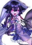  1girl :3 black_hair black_sclera black_skin blue_hair bright_pupils claw_pose colored_inner_hair colored_sclera colored_skin cowboy_shot demon_wings detached_sleeves dress fangs fingernails frilled_dress frills hair_between_eyes hair_ears hair_ribbon long_hair looking_at_viewer monster_girl multicolored_hair multicolored_skin original outstretched_arm pink_eyes pleated_sleeves pointy_ears puffy_short_sleeves puffy_sleeves ribbon rtsusk09 sharp_fingernails short_sleeves sidelocks solo stitches tress_ribbon v white_background white_pupils wings 