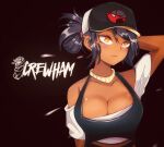  1girl arm_at_side arm_up baseball_cap brawlhalla breasts cleavage collarbone crewham cringywoomy dark-skinned_female dark_skin derivative_work detached_sleeves english_text hat highres jewelry large_breasts logo looking_afar looking_away looking_up mirage_(brawlhalla) mirage_(freestyle)_(brawlhalla) necklace orange_eyes pig red_background shiny shiny_hair shiny_skin simple_background solo white_sleeves 