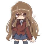  1girl :3 aisaka_taiga bangs black_legwear blazer blue_skirt brown_eyes brown_hair buttons closed_mouth collared_shirt commentary cowboy_shot double-breasted hair_between_eyes highres jacket long_hair long_sleeves looking_at_viewer neck_ribbon oohashi_high_school_uniform red_jacket red_ribbon ribbon school_uniform shirt simple_background skirt solo standing thighhighs toradora! very_long_hair white_background white_shirt zvvvvb 