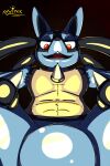  anthro belly bulge crotch_shot dominant dominant_male hi_res issack_wink low-angle_view lucario male nintendo pok&eacute;mon pok&eacute;mon_(species) reflective_body smug solo video_games 