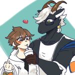  &lt;3 anthro beverage black_body black_fur blush bovid caprine duo fur goat hair hi_res horn human lifewonders male male/male mammal matsuri0819tas protagonist_(tas) tanngrisnir_(tas) tokyo_afterschool_summoners twink_protagonist_(tas) video_games white_hair 