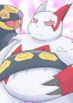  angry anthro black_body blush claws coiling duo embarrassed fangs feral fur hi_res marumu_5656 nintendo overweight pok&eacute;mon pok&eacute;mon_(species) reptile scalie seviper snake video_games white_body white_fur zangoose 