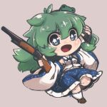  1girl :d blue_eyes blush chibi detached_sleeves dnk eyebrows_visible_through_hair fingerless_gloves frog_hair_ornament gloves green_hair grey_background gun hair_ornament highres holding holding_gun holding_weapon kochiya_sanae long_hair looking_at_viewer open_mouth rifle simple_background skirt smile snake_hair_ornament solo star-shaped_pupils star_(symbol) symbol-shaped_pupils touhou weapon 