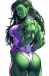  1girl ass back bangs bare_shoulders biceps breasts colored_skin fingerless_gloves gloves green_eyes green_hair green_skin grin highleg highleg_leotard highres large_breasts leotard long_hair looking_at_viewer looking_back marvel muscular muscular_female parted_bangs purple_gloves purple_leotard she-hulk shouji_nigou simple_background smile solo thick_thighs thighs two-tone_leotard white_leotard 