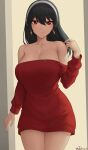  1girl absurdres bangs bare_shoulders black_hair breasts cleavage collarbone earrings hairband highres jewelry large_breasts long_hair long_sleeves looking_at_viewer off-shoulder_sweater off_shoulder red_eyes red_sweater sidelocks solo spy_x_family sweater thighs yor_briar zaphn 