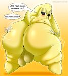  2022 absurd_res anthro balls bedroom_eyes bent_over big_balls big_butt big_ears black_eyes blonde_hair blush blush_lines butt butt_focus canid canine canis chikn_nuggit chikn_nuggit_(chikn_nuggit) curvy_figure dialogue digital_media_(artwork) domestic_dog english_text fur genitals girly hair half-closed_eyes hi_res huge_balls huge_butt lidded_eyes looking_at_viewer looking_back male mammal motion_lines narrowed_eyes nude open_mouth orange_background overweight overweight_anthro overweight_male presenting presenting_hindquarters rear_view seductive shaded shaking_butt simple_background sleepyinu slightly_chubby smile solo teapot_(body_type) text thick_thighs twerking voluptuous wide_hips yellow_body yellow_fur 