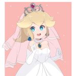  1girl alpha_transparency blonde_hair blue_eyes brooch chocomiru choker collarbone crown dress earrings elbow_gloves english_commentary eyes_visible_through_hair flower gloves jewelry long_hair looking_to_the_side mario_(series) ponytail princess_peach solo strapless strapless_dress super_mario_odyssey tiara transparent_background upper_body veil wedding_dress white_choker white_dress white_gloves 
