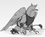  armor avian beak duo feral greyscale gryphon gryphon_pred headgear helmet hi_res jagg_(thatgryphonguy) looking_at_viewer male monochrome mythological_avian mythology neck_bulge oral_vore sitting talons thatgryphonguy vore wings 