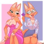  2022 anthro areola areola_slip blush bodily_fluids canid canine clothing condom daimo diane_foxington digital_media_(artwork) dreamworks eyebrows eyelashes eyewear female fingers fox genital_fluids genitals glasses hi_res licking licking_lips mammal pussy pussy_juice sexual_barrier_device simple_background the_bad_guys tongue tongue_out 