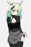  1girl absurdres bangs black_dress blush branch breasts ceres_fauna cleavage clothes_lift dress earrings gothic green_hair highres hololive hololive_english horns jewelry large_breasts magui3 nail_polish skirt skirt_lift thick_thighs thigh_strap thighhighs thighs virtual_youtuber 