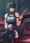  1girl bangs bare_shoulders black_dress black_gloves black_hair black_legwear blood blood_on_wall blush breasts cleaning_weapon cleavage closed_mouth couch crossed_legs cushion dagger dress fingerless_gloves flower gesoking gloves gold_hairband hair_flower hair_ornament hand_up highres holding holding_dagger holding_handkerchief holding_towel holding_weapon knife large_breasts looking_at_viewer off-shoulder_dress off_shoulder on_couch planted planted_knife red_eyes rose sitting solo spikes spy_x_family thighhighs towel weapon yor_briar zettai_ryouiki 
