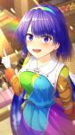  1girl absurdres bad_hands blue_eyes blue_hair blurry blurry_background breasts cloak day dress headband highres long_sleeves looking_at_viewer medium_breasts medium_hair open_mouth patchwork_clothes pointing pouch rainbow smile sunlight tenkyuu_chimata touhou unconnected_marketeers yosshy 