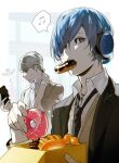  2boys bangs black_jacket black_necktie blue_eyes blue_hair btmr_game cellphone doughnut food grey_hair hair_over_one_eye headphones holding holding_phone jacket male_focus mouth_hold multiple_boys musical_note narukami_yuu necktie pastry_box persona persona_3 persona_4 phone signature sparkle spoken_musical_note sweat upper_body watch wristwatch yuuki_makoto 