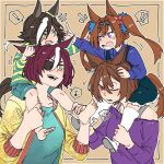 ! 4girls agnes_tachyon_(umamusume) animal_ears asuka_(junerabitts) bangs barefoot blue_shirt boots brown_hair carrying child daiwa_scarlet_(umamusume) ear_grab eyepatch green_shirt green_shorts horse_ears horse_girl horse_tail jacket leg_grab long_sleeves motion_lines multicolored_hair multiple_girls musical_note notice_lines off-shoulder_shirt off_shoulder one_eye_closed open_mouth outstretched_arm overall_skirt purple_eyes purple_hair purple_shirt red_eyes shirt short_hair shorts shoulder_carry smile spoken_exclamation_mark spoken_musical_note striped striped_shirt tail tanino_gimlet_(umamusume) tiara twintails two-tone_hair umamusume vodka_(umamusume) yellow_eyes yellow_footwear yellow_jacket younger 