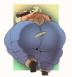  2021 anthro big_butt bird_dog bodily_fluids butt butt_focus canid canine canis clothed clothing colored domestic_dog female hi_res holding_object huge_butt hunting_dog labrador looking_at_viewer looking_back looking_back_at_viewer mammal obese obese_anthro obese_female overweight overweight_anthro overweight_female rear_view retriever shaded simple_background smokii solo sweat sweaty_butt thick_thighs torn_clothing walking wide_hips 