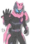  armor belt black_armor blue_eyes demon demon_boy driver_(kamen_rider) flat_color highres kamen_rider kamen_rider_revice kamen_rider_vice looking_at_viewer male_focus open_hand rex_genome sharp_teeth sugokukiyotteru teeth tokusatsu 