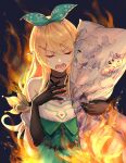  1girl achi_rogercat black_gloves blonde_hair chinese_commentary closed_eyes dakimakura_(object) elbow_gloves elira_pendora eyebrows_visible_through_hair fire flower gloves green_ribbon green_skirt hair_behind_ear hair_flower hair_ornament hair_ribbon halter_top halterneck hand_on_own_chest high-waist_skirt holding holding_pillow long_hair music nijisanji nijisanji_en open_mouth pikl_(elira_pendora) pillow pointy_ears pomu_rainpuff ribbon singing skirt solo virtual_youtuber 