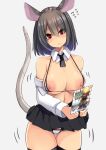  1girl :&lt; alternate_costume animal_ears black_legwear black_skirt blush breasts eyebrows_visible_through_hair eyes_visible_through_hair flying_sweatdrops highres large_breasts looking_at_viewer nazrin nipple_slip nipples panties red_eyes short_hair simple_background skirt solo tail textless thighhighs touhou toyosatomimi_no_miko underwear white_background yukito_(dreamrider) 