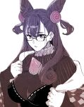  1girl bangs breasts checkered_clothes cleavage double_bun eyebrows_visible_through_hair eyewear_chain fate/grand_order fate_(series) gem glasses hair_cones hair_ornament haori highres japanese_clothes large_breasts long_hair long_sleeves looking_down meeko murasaki_shikibu_(fate) murasaki_shikibu_(second_ascension)_(fate) neck_ruff parted_lips portrait purple_theme screentones simple_background solo white_background 