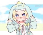  1girl :d blonde_hair blush_stickers chibi claw_pose commentary english_commentary eyebrows_visible_through_hair hololive kukie-nyan onesie open_mouth pajamas purple_eyes short_hair smile solo tsunomaki_watame twitter_username virtual_youtuber 