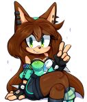  anthro armband brown_body brown_fur brown_hair clothed clothing ear_piercing fan_character female fingerless_gloves fur gesture gloves green_eyes hair handwear hi_res ichig8miruku_(artist) jewelry necklace piercing sega solo sonic_the_hedgehog_(series) spiked_armband spikes v_sign 