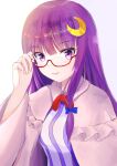  1girl adjusting_eyewear bangs bespectacled blunt_bangs blush bow breasts capelet crescent crescent_hair_ornament dress eyebrows_visible_through_hair glasses hair_ornament highres light_smile long_hair long_sleeves looking_at_viewer no_hat no_headwear otsu_oki_yuhi patchouli_knowledge purple_eyes purple_hair red-framed_eyewear red_bow red_ribbon ribbon solo striped teeth touhou upper_body white_background 