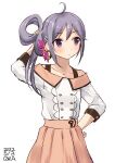  1girl akebono_(kancolle) artist_name bell dated flower hair_bell hair_flower hair_ornament highres holding holding_hair jingle_bell kantai_collection long_hair looking_to_the_side official_alternate_costume one-hour_drawing_challenge owa_(ishtail) pink_skirt purple_eyes purple_hair shirt side_ponytail simple_background skirt solo very_long_hair white_background white_shirt 