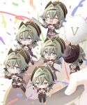  6+girls :d back bangs boots brown_footwear brown_gloves brown_headwear brown_shorts chibi closed_eyes closed_mouth confetti full_body gloves green_eyes green_hair highres holding holding_knife honkai_(series) honkai_impact_3rd knife long_hair multiple_girls multiple_persona open_mouth shorts smile spatula test_tube thigh_boots thighhighs vill-v white_background yuuz123 