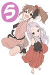  2girls absurdres ajisai_(kunoichi_tsubaki_no_mune_no_uchi) armpits bangs bare_shoulders barefoot black_camisole bow brown_eyes brown_hair camisole commentary_request detached_sleeves eyebrows_visible_through_hair fishnets forehead grey_hair hair_between_eyes hair_bow hair_ornament hairclip hakama hakama_skirt highres hinagiku_(kunoichi_tsubaki_no_mune_no_uchi) japanese_clothes kimono kunoichi_tsubaki_no_mune_no_uchi long_hair long_sleeves multiple_girls parted_bangs pink_kimono ponytail red_bow red_hakama red_sleeves short_eyebrows short_shorts shorts simple_background skirt sleeveless sleeveless_kimono sleeves_past_fingers sleeves_past_wrists standing thick_eyebrows very_long_hair white_background wide_sleeves yamamoto_souichirou 