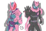  2boys armor back-to-back belt commentary_request driver_(kamen_rider) flat_color glowing glowing_eyes highres holding ink_stamp kamen_rider kamen_rider_revi kamen_rider_revice kamen_rider_vice looking_at_viewer male_focus multiple_boys open_hand red_eyes revice_driver rex_genome rider_belt sharp_teeth smile smoke sugokukiyotteru teeth tokusatsu upper_body vistamp 