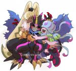  7frogs anthro bandai_namco black_body black_sclera blush cape claws clothing digimon digimon_ghost_game embrace female fur group grusgammamon hi_res horn hug humanoid male ponytail_ears symbareangoramon tentacles teslajellymon trio yellow_body yellow_fur 