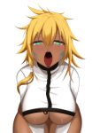  1girl absurdres bangs bleach blonde_hair blush breasts dark-skinned_female dark_skin from_above green_eyes hair_between_eyes half-closed_eyes highres large_breasts long_hair looking_at_viewer open_mouth oral_invitation saliva scrapy solo tier_harribel tongue tongue_out 
