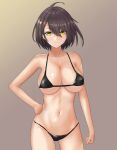  1girl ahoge asanagi_shion azur_lane bad_hands baltimore_(azur_lane) bangs bare_arms bare_shoulders bikini black_bikini black_hair breasts commentary_request cowboy_shot eyebrows_visible_through_hair gradient gradient_background grey_background hair_between_eyes hand_on_hip highres large_breasts looking_at_viewer navel short_hair smile solo standing stomach swimsuit yellow_eyes 