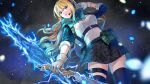 1girl apex_legends ash_(titanfall_2) black_background black_legwear black_skirt blonde_hair blue_eyes blue_hair breasts commentary_request commission cowboy_shot eyebrows_visible_through_hair gloves gradient_hair highres holding holding_weapon indie_virtual_youtuber long_hair looking_at_viewer ma_x622 medium_breasts multicolored_hair portal_(object) pouch second-party_source skirt solo thighhighs virtual_youtuber weapon zeta_(vtuber) 