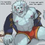  abs anthro blush bulge clothed clothing embarrassed english_text eyewear fur hi_res lifewonders male monocle muscular muscular_anthro muscular_male nipples partially_clothed pecs snow_(tas) solo text tokyo_afterschool_summoners underwear video_games white_body white_fur wulfer-shepherd 