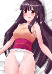  1girl :d bangs bed bed_sheet black_hair frills harry_(namayake) highres houraisan_kaguya long_hair looking_at_viewer lying on_back open_mouth pink_hair singlet smile solo touhou touhou_tag_dream wrestling_outfit 