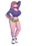  absurd_res bottomwear clothed clothing colored_nails dinosaur female goodbye_volcano_high hair hi_res hotpants humanoid long_hair looking_at_viewer markings nails navel pink_body pink_skin reptile scalie short_tail shorts skimpy snoot_game_(fan_game) solo stacy_(gvh) unknown_artist video_games 