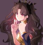  1girl bangs bare_shoulders between_fingers black_bow bow brown_hair closed_mouth crown detached_sleeves eyebrows_visible_through_hair eyes_visible_through_hair fate/grand_order fate_(series) fingernails gem gold_choker grey_background hair_bow hand_up holding holding_gem ishtar_(fate) long_hair looking_at_viewer looking_back meeko parted_bangs portrait red_eyes red_gemstone simple_background single_detached_sleeve smile solo strapless two_side_up wavy_hair 