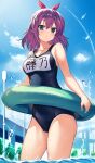  1girl blue_eyes blue_sky breasts chain-link_fence cloud contrail cowboy_shot day fence fujino_shion hatsu_inu highres innertube kurebayashi_noe large_breasts looking_at_viewer name_tag outdoors purple_hair school_swimsuit short_hair sky soaking_feet solo swimsuit water 