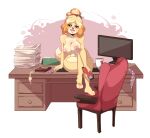  absurd_res animal_crossing anthro big_breasts breasts canid canine canis chair computer_monitor crossed_legs desk docdraw_(artist) domestic_dog female furniture hair_clipper hi_res isabelle_(animal_crossing) mammal nintendo open_mouth shih_tzu sitting solo table thick_thighs toy_dog video_games 