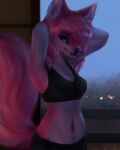  2022 absurd_res anthro blue_eyes bokeh bottomwear bra canid canine clothed clothing countershade_torso countershading digital_media_(artwork) female fennec fox fur fuzzled hair hi_res mammal pants pink_body pink_fur pink_hair pinup pose raised_arms signature smaller_version_at_source solo underwear white_body white_fur 
