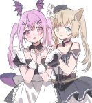  2girls :o alternate_costume animal_ears apron arknights bangs bare_shoulders blonde_hair blue_eyes cat_ears cat_girl choker closed_mouth detached_collar dress embarrassed enmaided hand_on_another&#039;s_shoulder hat heterochromia highres long_hair maid maid_apron manticore_(arknights) multiple_girls nightmare_(arknights) nightmare_(light_and_shadow)_(arknights) off-shoulder_dress off_shoulder official_alternate_costume official_alternate_hairstyle purple_eyes purple_hair red_(girllove) side_ponytail simple_background twintails white_background wing_ears yellow_eyes 