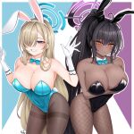  2girls 82jhin absurdres animal_ears asuna_(blue_archive) asuna_(bunny_girl)_(blue_archive) bangs black_hair black_leotard blue_archive blue_bow blue_bowtie blue_eyes bow bowtie breasts cleavage dark-skinned_female dark_skin detached_collar fake_animal_ears fishnets gloves gradient_hair hair_over_one_eye halo highleg highleg_leotard highres karin_(blue_archive) karin_(bunny_girl)_(blue_archive) large_breasts leotard light_brown_hair mole mole_on_breast multicolored_hair multiple_girls official_alternate_costume pantyhose playboy_bunny purple_hair rabbit_ears strapless strapless_leotard swept_bangs white_gloves yellow_eyes 