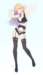  1girl :d armpits arms_up ass_visible_through_thighs bangs black_bra black_garter_belt black_legwear black_panties blonde_hair blurry blush bra breasts claw_pose collarbone contrapposto ear_piercing earrings eyebrows_visible_through_hair full_body garter_belt gradient_hair happy highres jewelry kitagawa_marin lace lace-trimmed_bra lace-trimmed_legwear lace_panties lace_trim lingerie long_hair looking_at_viewer medium_breasts multicolored_hair multiple_piercings nail_polish navel no_shoes panties piercing red_eyes red_nails simple_background smile solo sono_bisque_doll_wa_koi_wo_suru standing teeth thighhighs thighs underwear upper_teeth yan_wan 