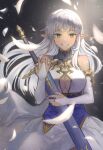  1girl bare_shoulders breasts bridal_gauntlets commentary_request dress elf green_eyes grey_hair holding holding_sword holding_weapon janoukyo19 long_hair looking_at_viewer medium_breasts original parted_lips pointy_ears sheath sheathed sleeveless smile solo sword teeth weapon 