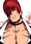  1boy absurdres bangs bara beniazumaru black_choker choker collared_shirt evil_smile hair_over_one_eye highres large_pectorals looking_at_viewer male_focus muscular muscular_male one_eye_covered pectoral_cleavage pectorals red_eyes red_hair shirt short_hair smile solo teeth the_king_of_fighters upper_body white_shirt yagami_iori 
