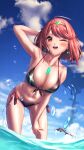  1girl ;d absurdres arm_behind_head arm_up armpits bangs bent_over bikini black_bikini blush breasts chest_jewel cleavage collarbone earrings hakusai_(hksicabb) headpiece highres jewelry large_breasts looking_at_viewer navel neon_trim one_eye_closed open_mouth pyra_(xenoblade) red_eyes red_hair red_ribbon ribbon short_hair side-tie_bikini smile solo_focus swept_bangs swimsuit tiara wading water water_drop wet xenoblade_chronicles_(series) xenoblade_chronicles_2 
