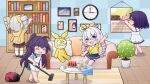  4girls :d ai-chan_(honkai_impact) apron blue_eyes blue_hair blue_shirt blue_skirt book bookshelf bronya_zaychik casual chibi clock closed_eyes closed_mouth couch dress drill_hair food fruit full_body green_skirt grey_hair headband highres homu_(honkai_impact) honkai_(series) honkai_impact_3rd jacket juice jzyy299 kiana_kaslana long_sleeves multiple_girls murata_himeko open_mouth picture_(object) picture_frame plant purple_hair raiden_mei seele_vollerei shirt short_sleeves sitting skirt sleeveless sleeveless_dress smile standing sundress table thighhighs twin_drills v vacuum_cleaner watermelon white_apron white_dress white_hair white_legwear yellow_jacket yellow_shirt 