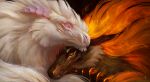  2022 ambiguous_gender black_body black_fur digital_media_(artwork) dragon duo feral fur furred_dragon hi_res horn looking_at_viewer morsylvia orange_eyes purple_eyes ridged_horn smile white_body white_fur 